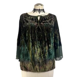Y2K Velvet Green Whimsigoth Boho Cottage Fairy Core Grunge Embroiedered Blouse